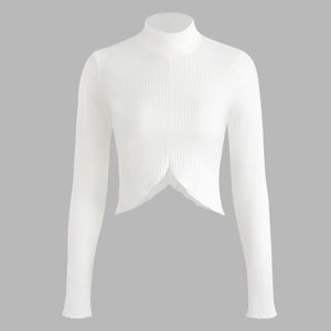 Turtleneck white crop top with fun bottom hem